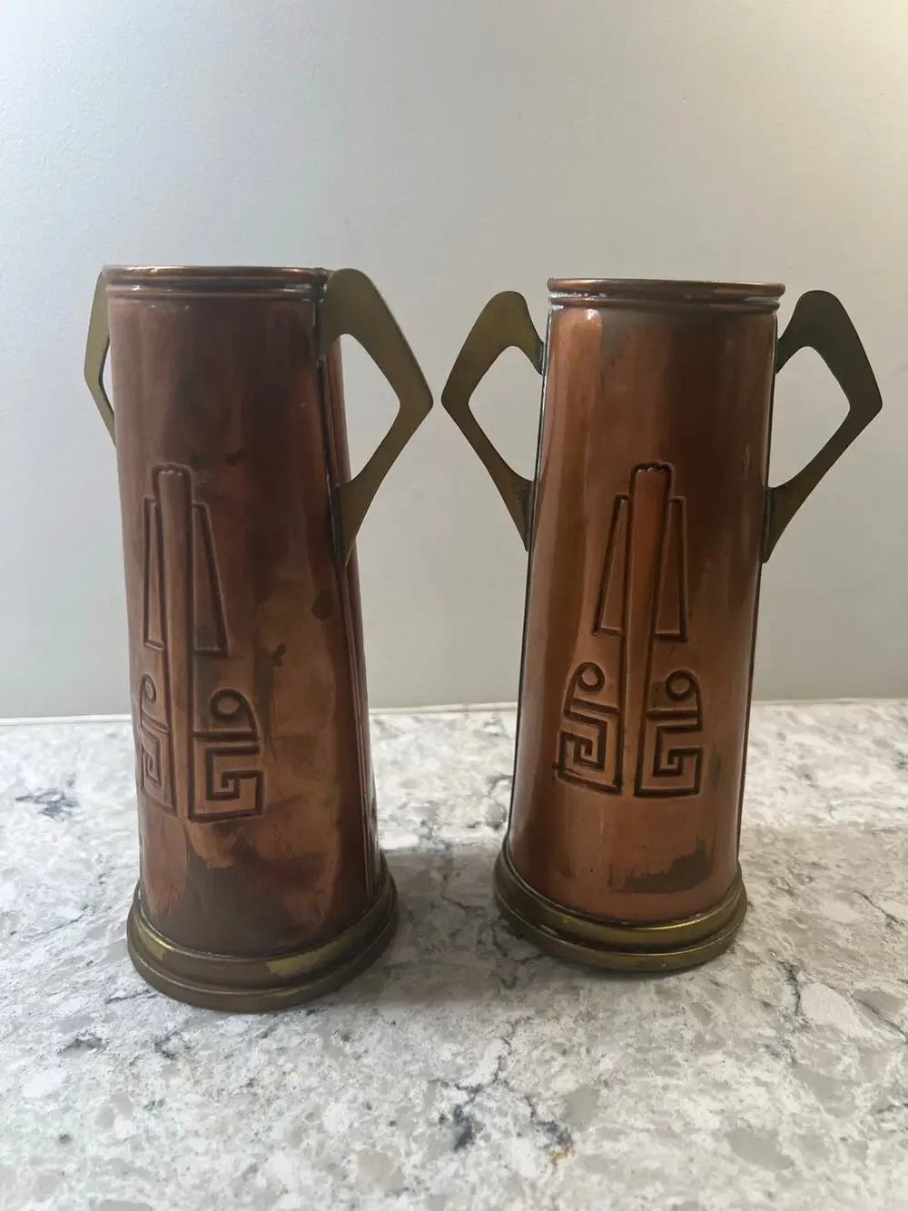 2 Gebrüder Bing Nuremberg Vases Circa 1900-10 Brass Copper Geometric JL